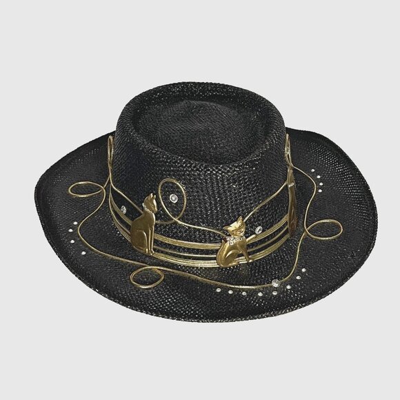 Vintage Black w Gold Cat Lady Stones Bling Boater Straw Hat sz M Dorfman Pacific main image 7